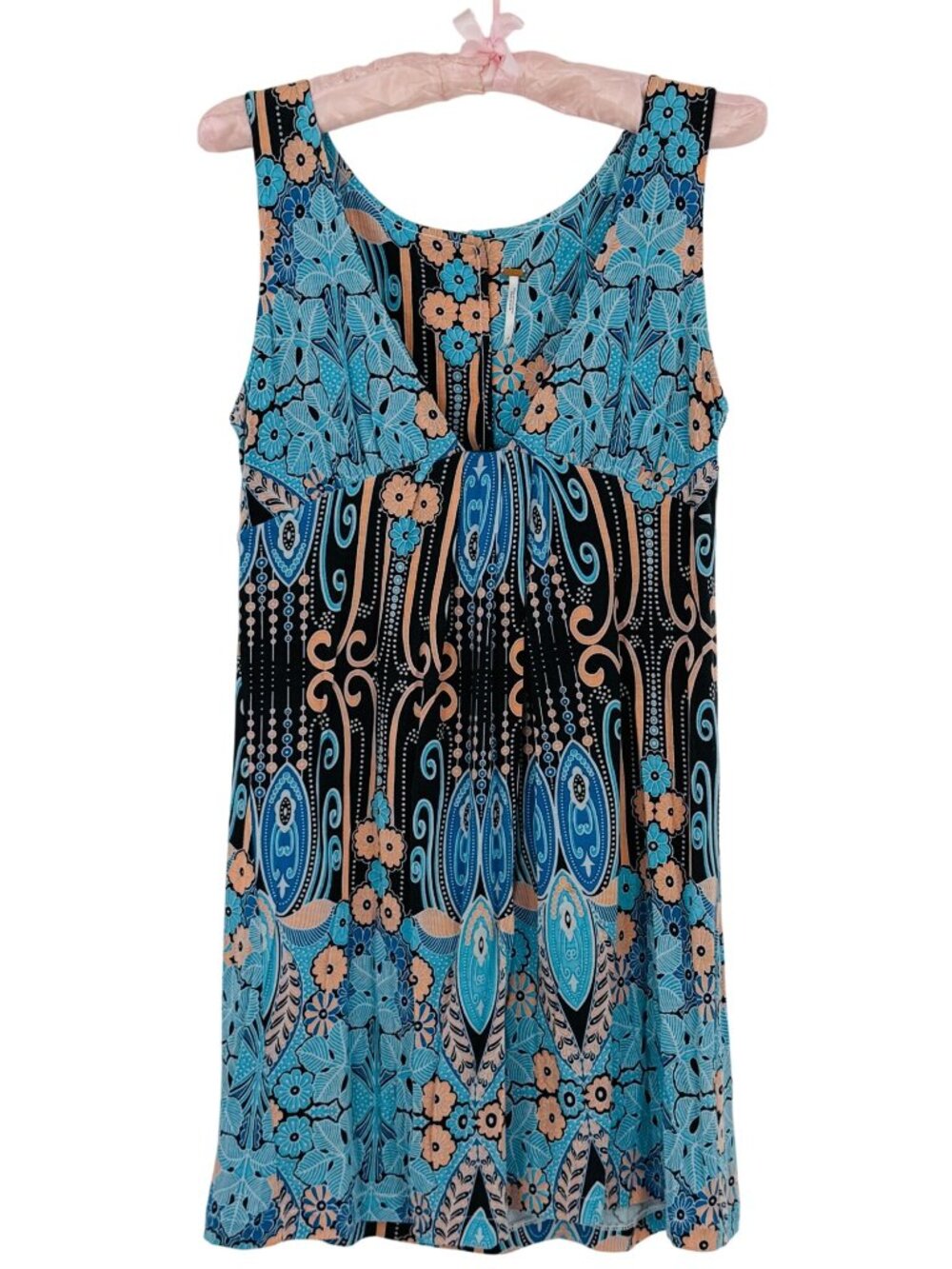 VTG Free People Blue Paisley Baroque A-line Mini Dress 8 | 70s Boho Indie Sleaze